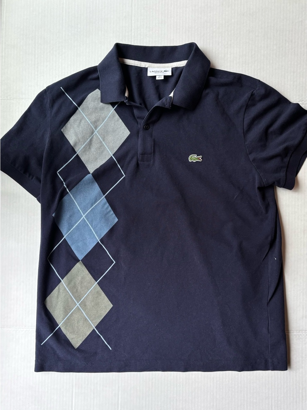 Lacoste Men’s Navy Argyle short sleeve Polo Shirt classic preppy golf cotton